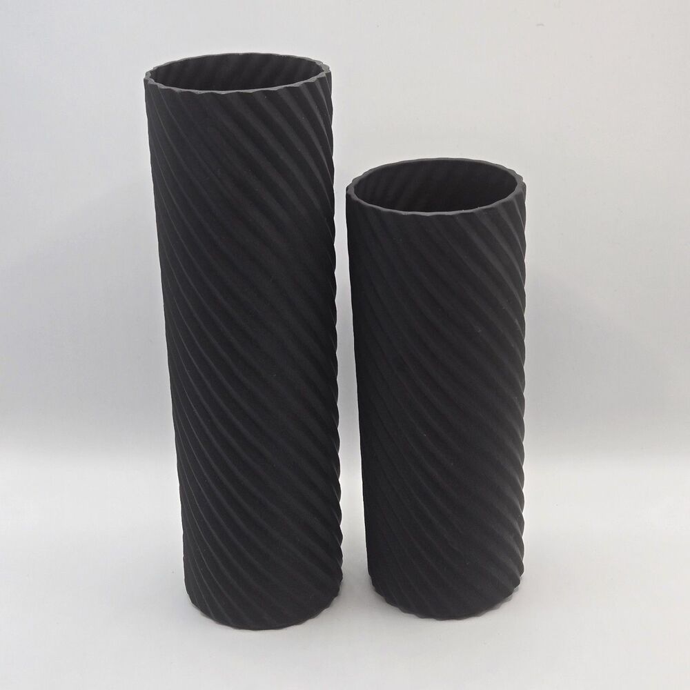Set of 2 BALOS Black Ribbed Glass Cylinder Vases VTG 1980s Table Deco